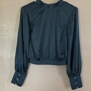 Express Black Satin Open Tie Back Blouse Rhinestone Cuff Long Sleeve Crop Top XS